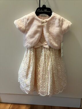 Couture Princess Blush Pink Floral Tulle Party Dress with Faux Fur Bolero